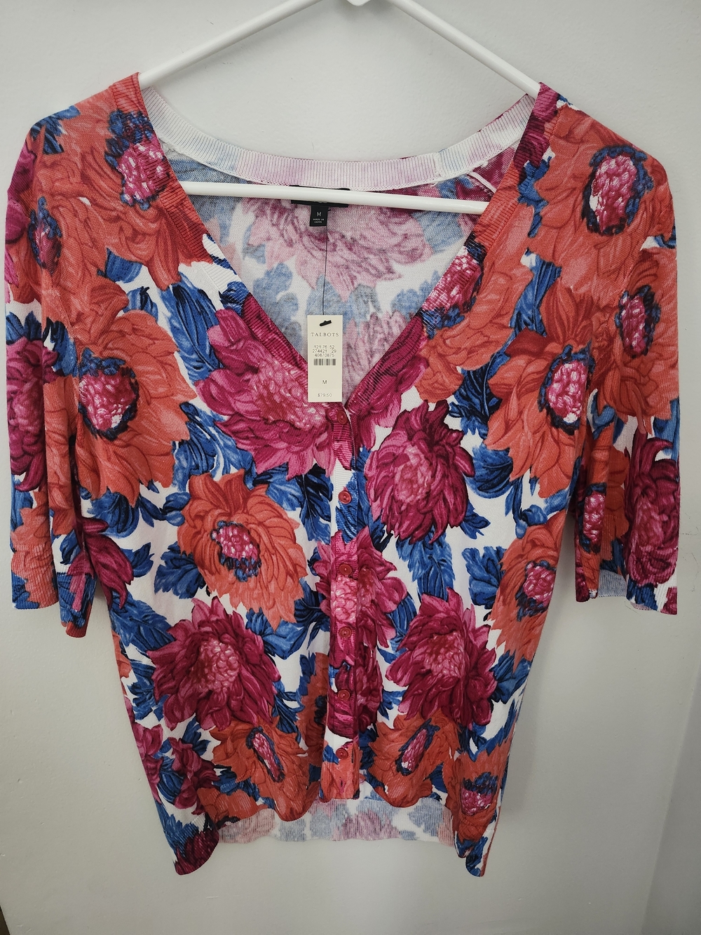 Talbots Coral & Fuchsia Floral Button-Front V-Neck Top